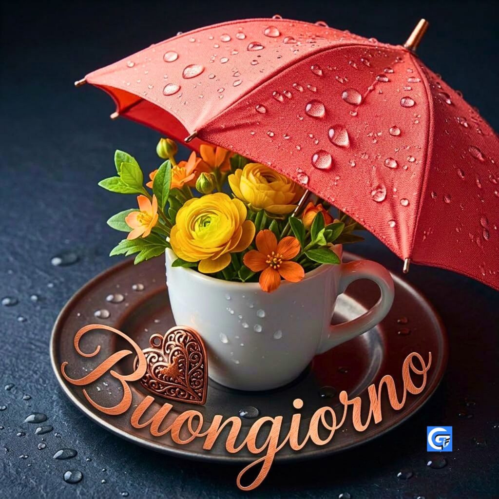 Tazza di fiori sotto un ombrello rosa con il testo "Buongiorno" in script.