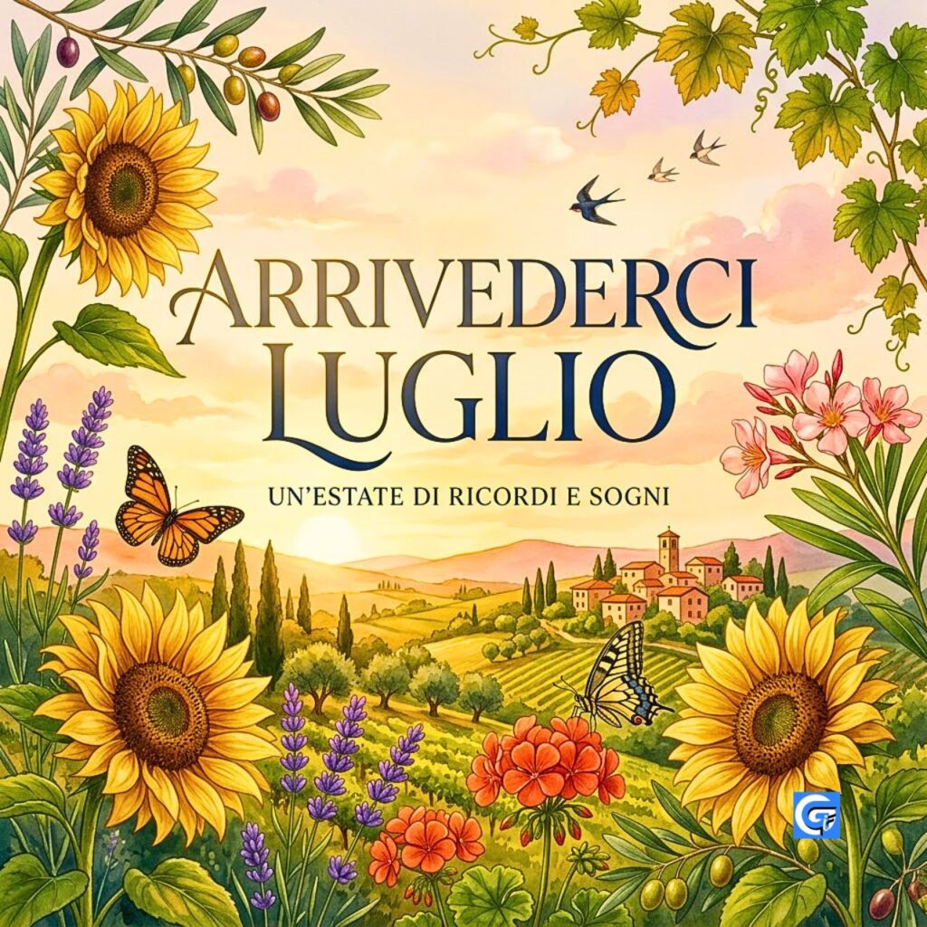 Illustrazione botanica premium con testo 'Arrivederci Luglio' e 'Un'estate di ricordi e sogni' su paesaggio toscano.
