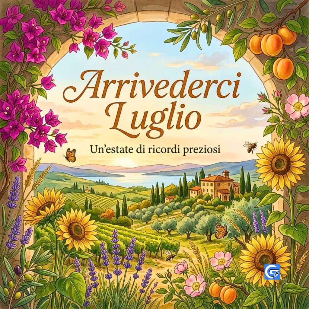 Una cartolina d'auguri premium che ritrae un paesaggio italiano estivo incorniciato da fiori con il testo Arrivederci Luglio.