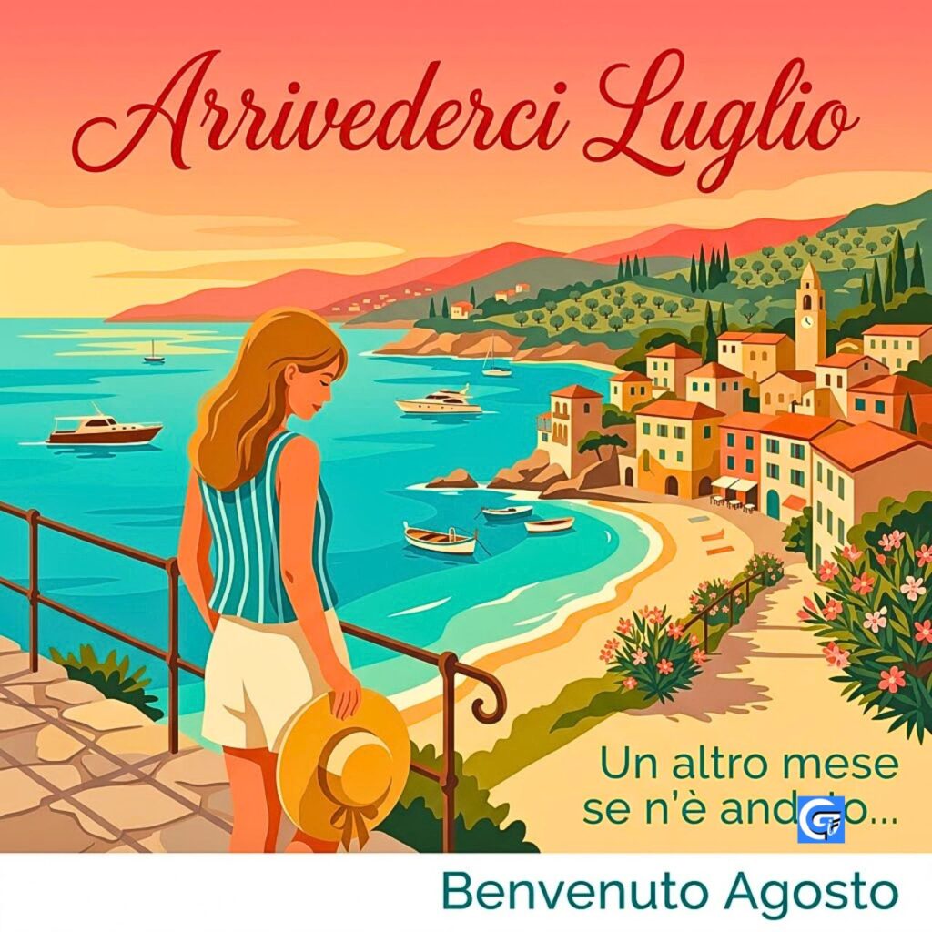 Donna guarda vista mare italiana con testo Arrivederci Luglio e Benvenuto Agosto