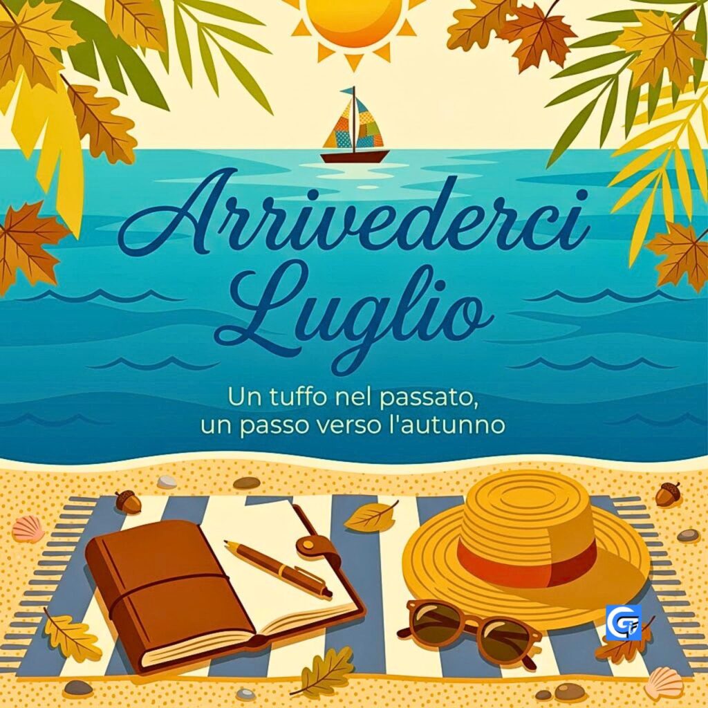 Arrivederci Luglio: poster vintage con cappello, occhiali, diario e foglie d'autunno.