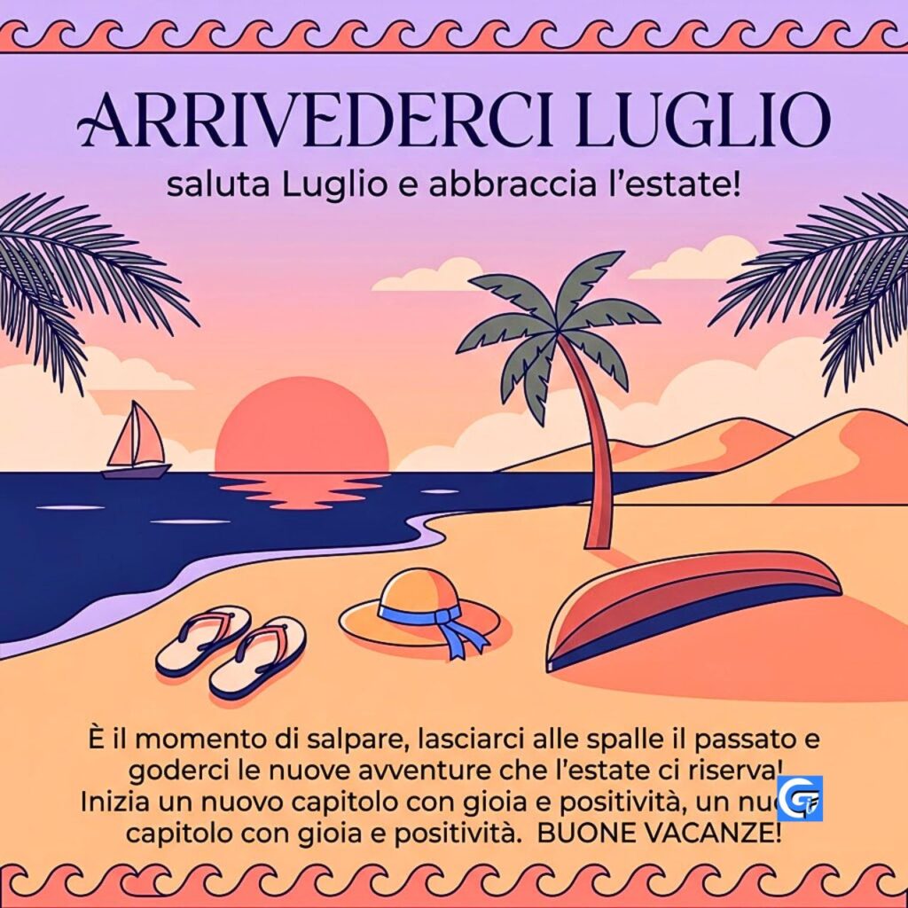 Illustrazione vettoriale di una spiaggia al tramonto con la scritta Arrivederci Luglio e Buone Vacanze