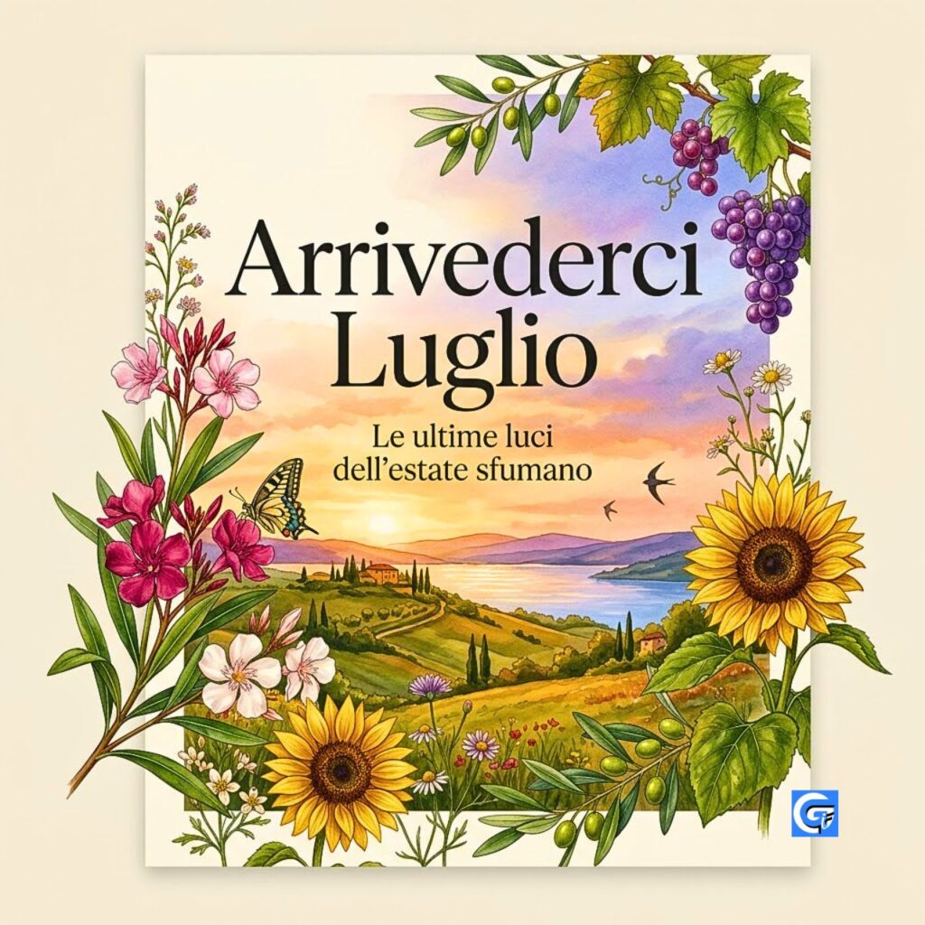 Illustrazione botanica premium fatta a mano con il testo Arrivederci Luglio e tramonto estivo
