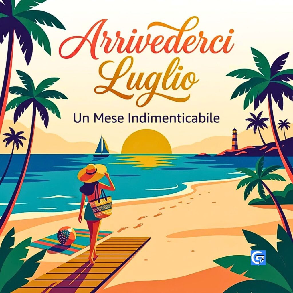 Illustrazione vettoriale di una donna sulla spiaggia al tramonto con la scritta "Arrivederci Luglio".