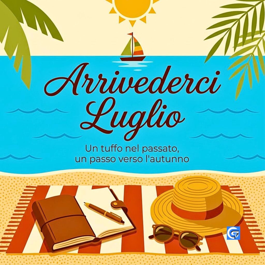 Illustrazione spiaggia retr&ograve; con testo "Arrivederci Luglio" e accessori estivi su asciugamano a righe.
