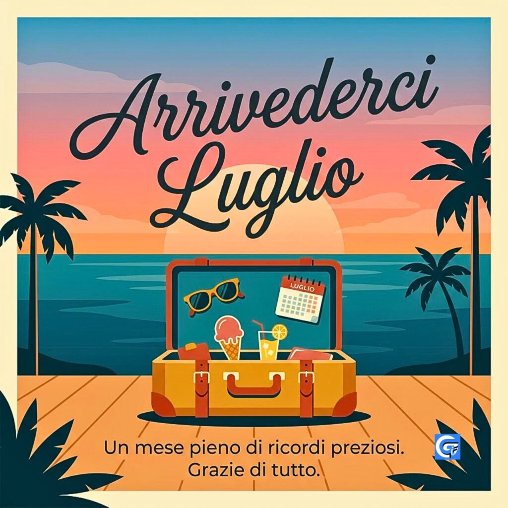Scena vettoriale al tramonto con valigia aperta e testo 'Arrivederci Luglio'.