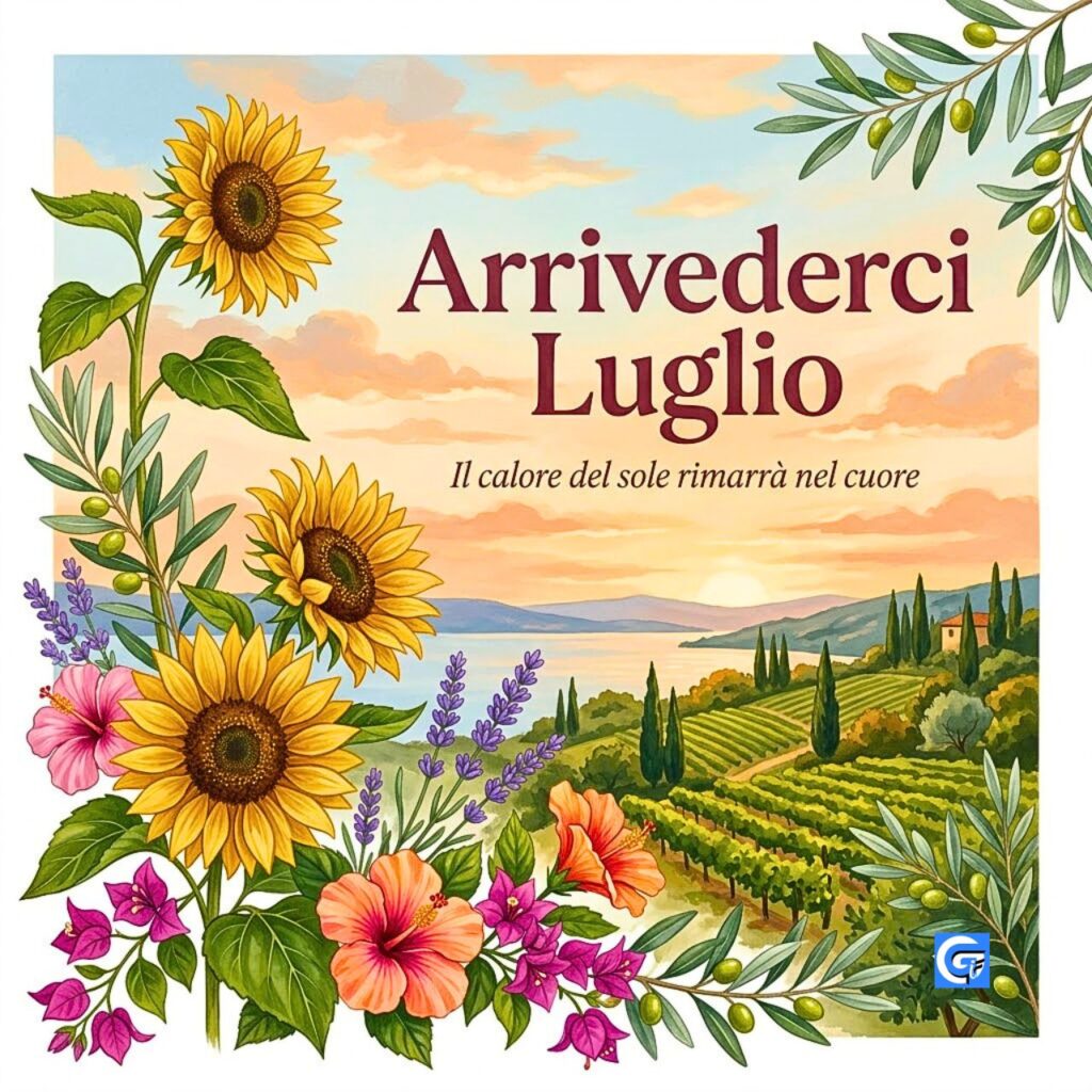 Una lussuosa illustrazione botanica di fine luglio con il testo "Arrivederci Luglio" e girasoli.