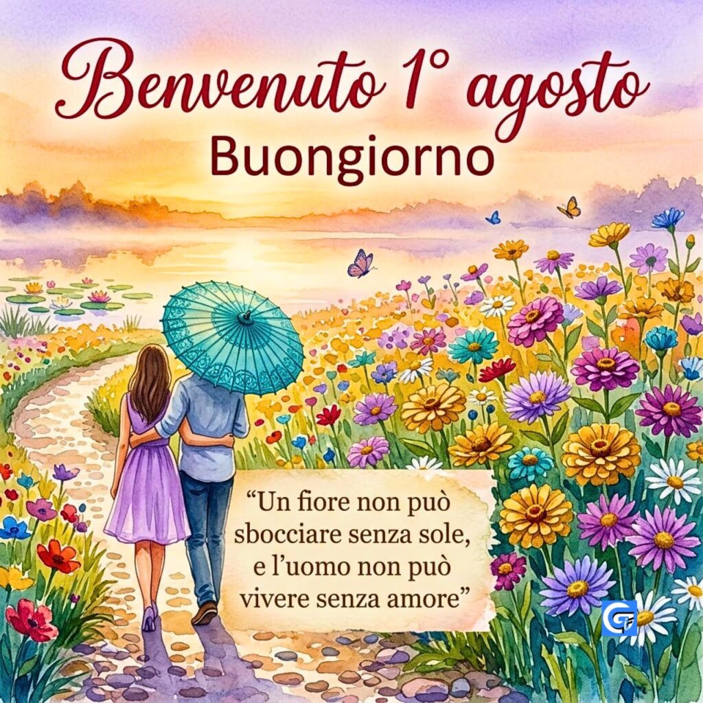 Coppia con ombrello teal, fiori e laghetto al tramonto. Testo "Benvenuto 1° agosto" e "Buongiorno".