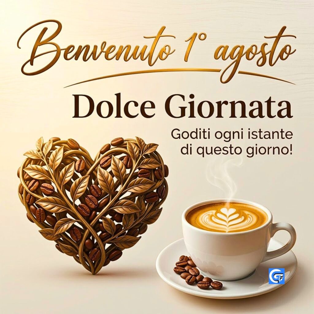 Cuore intrecciato con chicchi di caffè, tazza di cappuccino e testo Benvenuto 1° agosto.