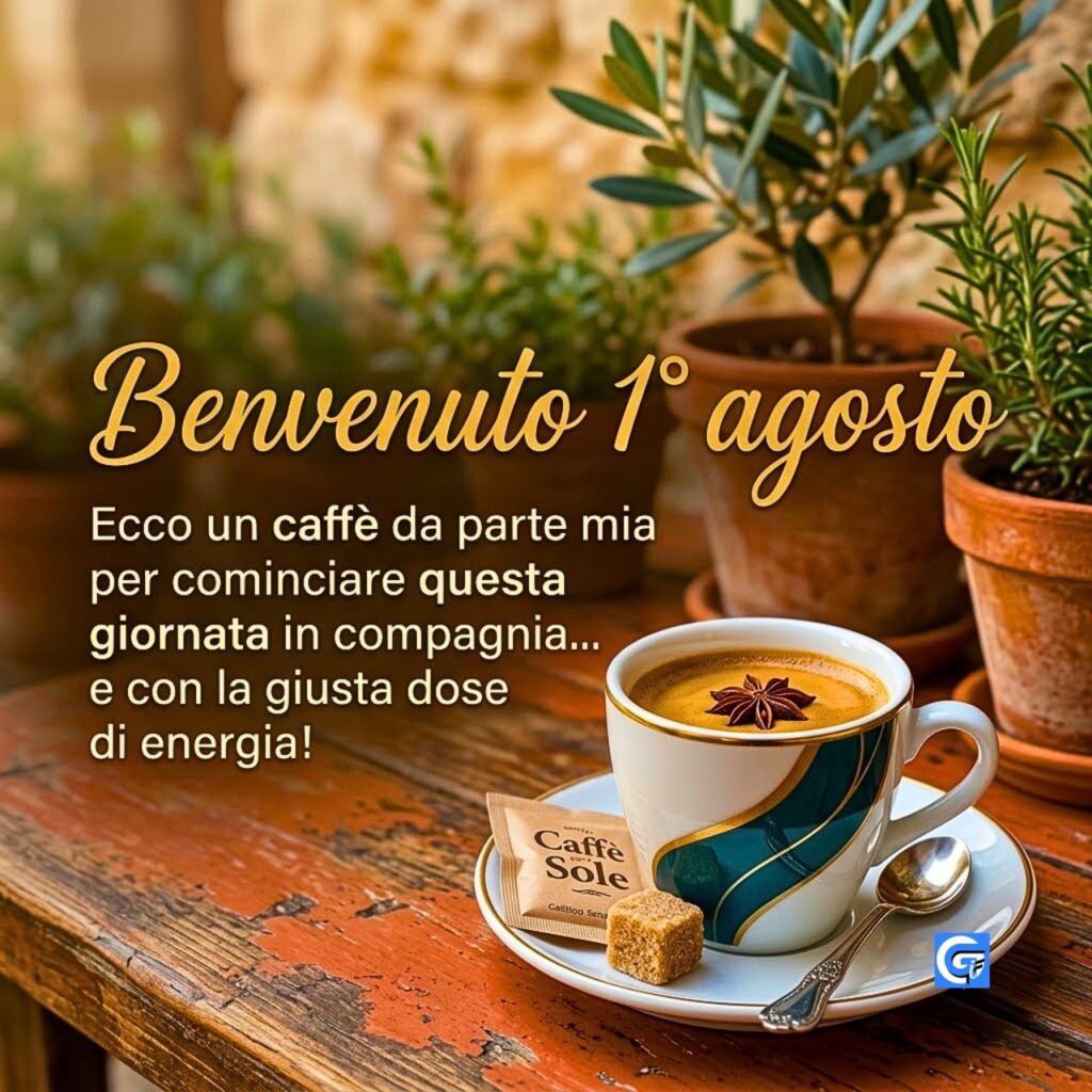 Tazza di caffè con crema, tazzina, cucchiaino e il testo "Benvenuto 1° agosto" con dedica sul caffè.