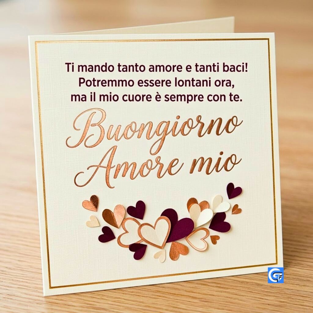 Biglietto con cuori decorativi e la scritta elegante Buongiorno Amore mio.