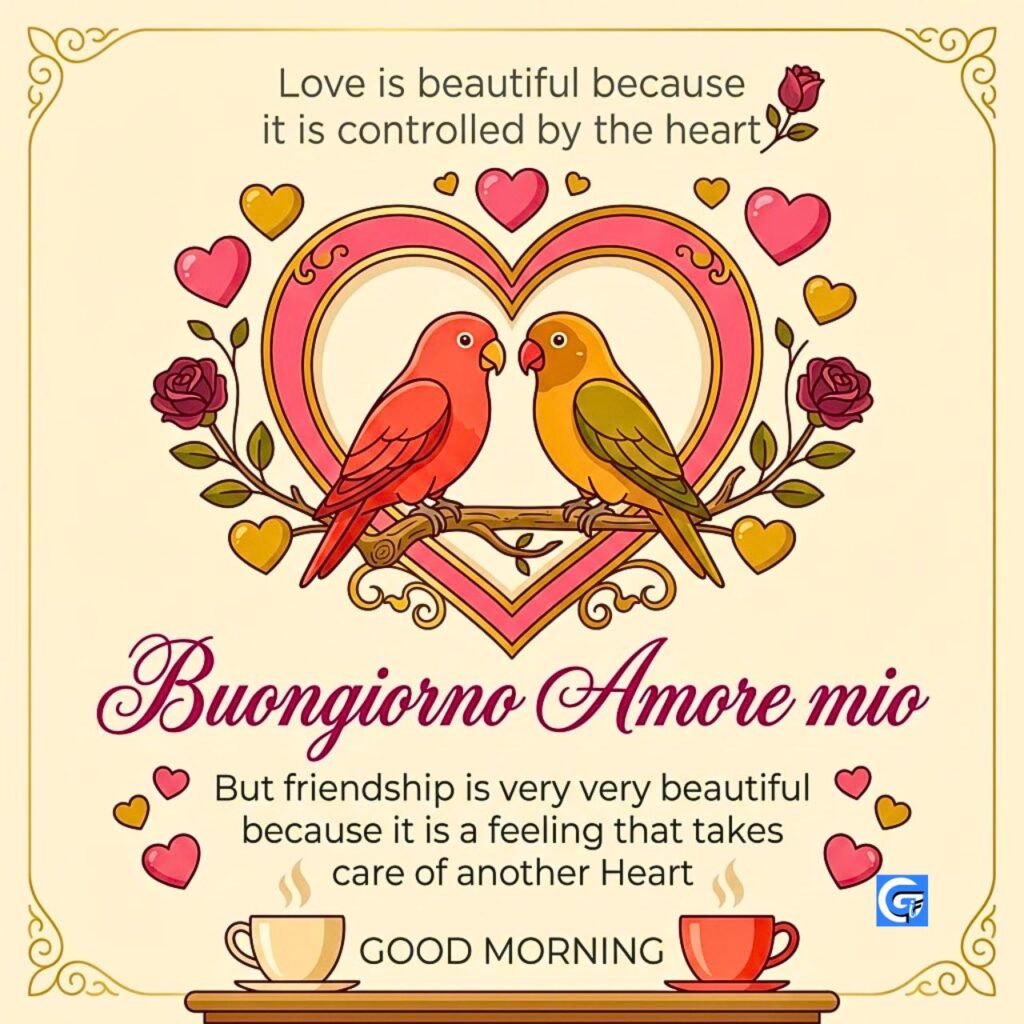 Biglietto con due uccelli in cuore, rose, cuori e testo "Buongiorno Amore mio" e frasi.