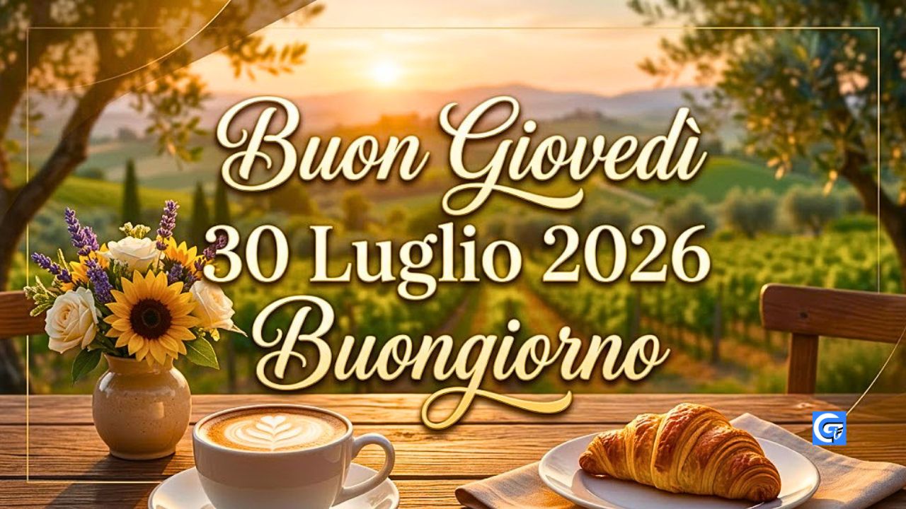 Banner web con caffè mattutino, fiori estivi e testo dorato Buon Giovedì 30 Luglio 2026 Buongiorno.