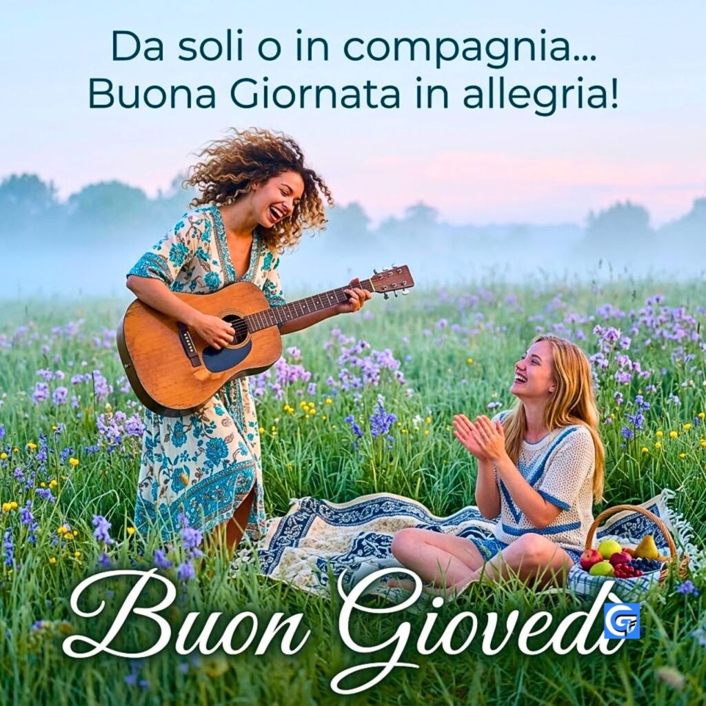 Due amiche felici in un prato di fiori con chitarra e testo "Buon Gioved&igrave;".