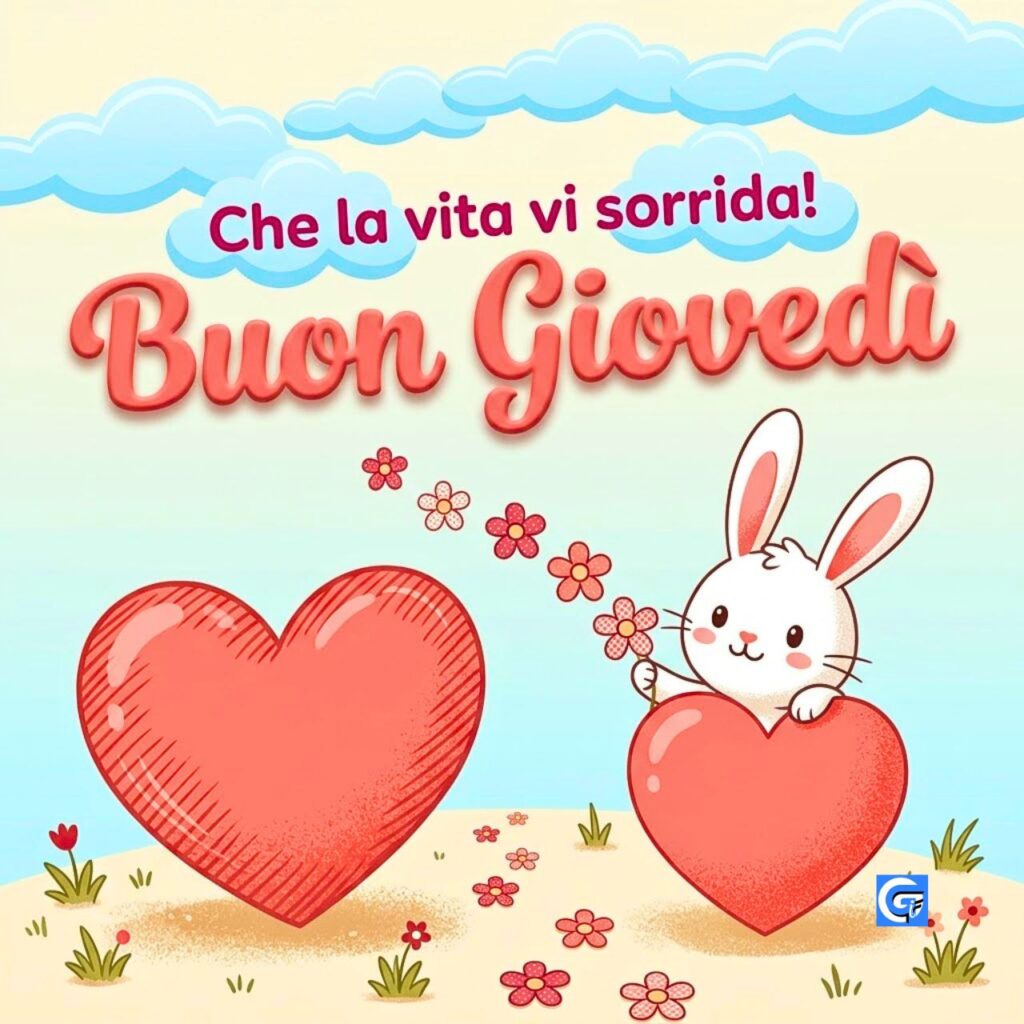 Illustrazione di coniglio bianco, cuori rossi, fiori, con scritte Buon Gioved&igrave; e Che la vita vi sorrida!.