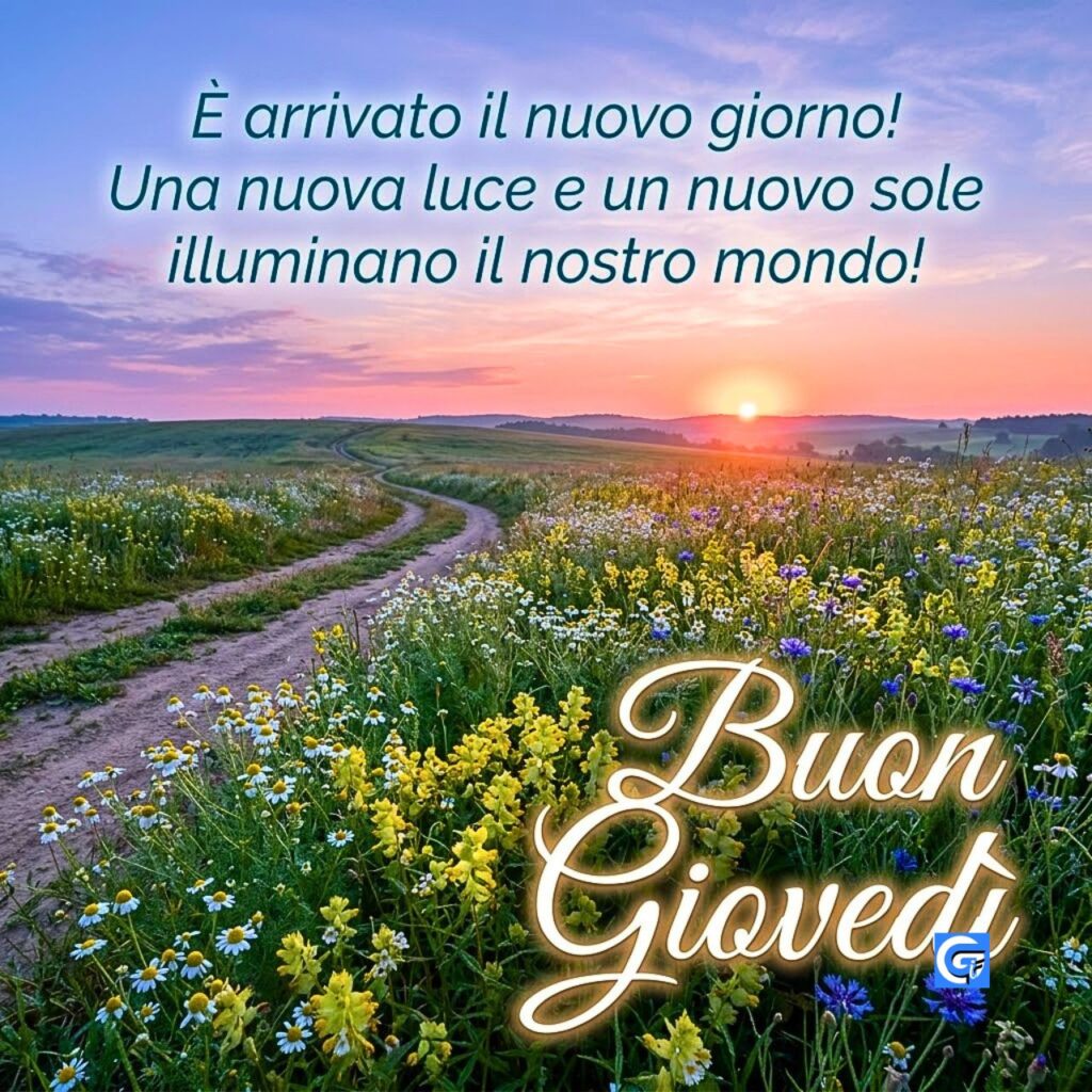 Prato di camomilla selvatica e fiori gialli all'alba con testo italiano &Egrave; arrivato il nuovo giorno e Buon Gioved&igrave;.