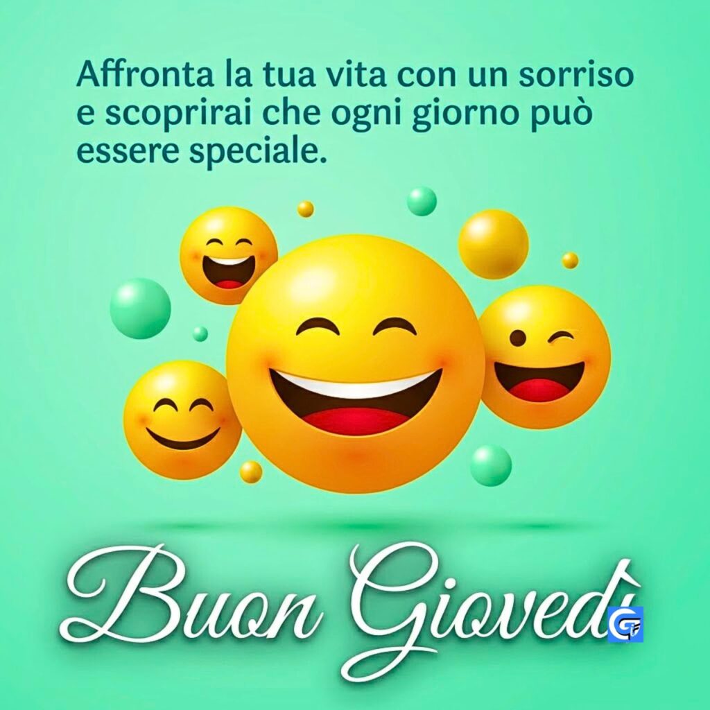 Smile 3D colorati con la scritta Buon Gioved&igrave; e una citazione motivazionale.