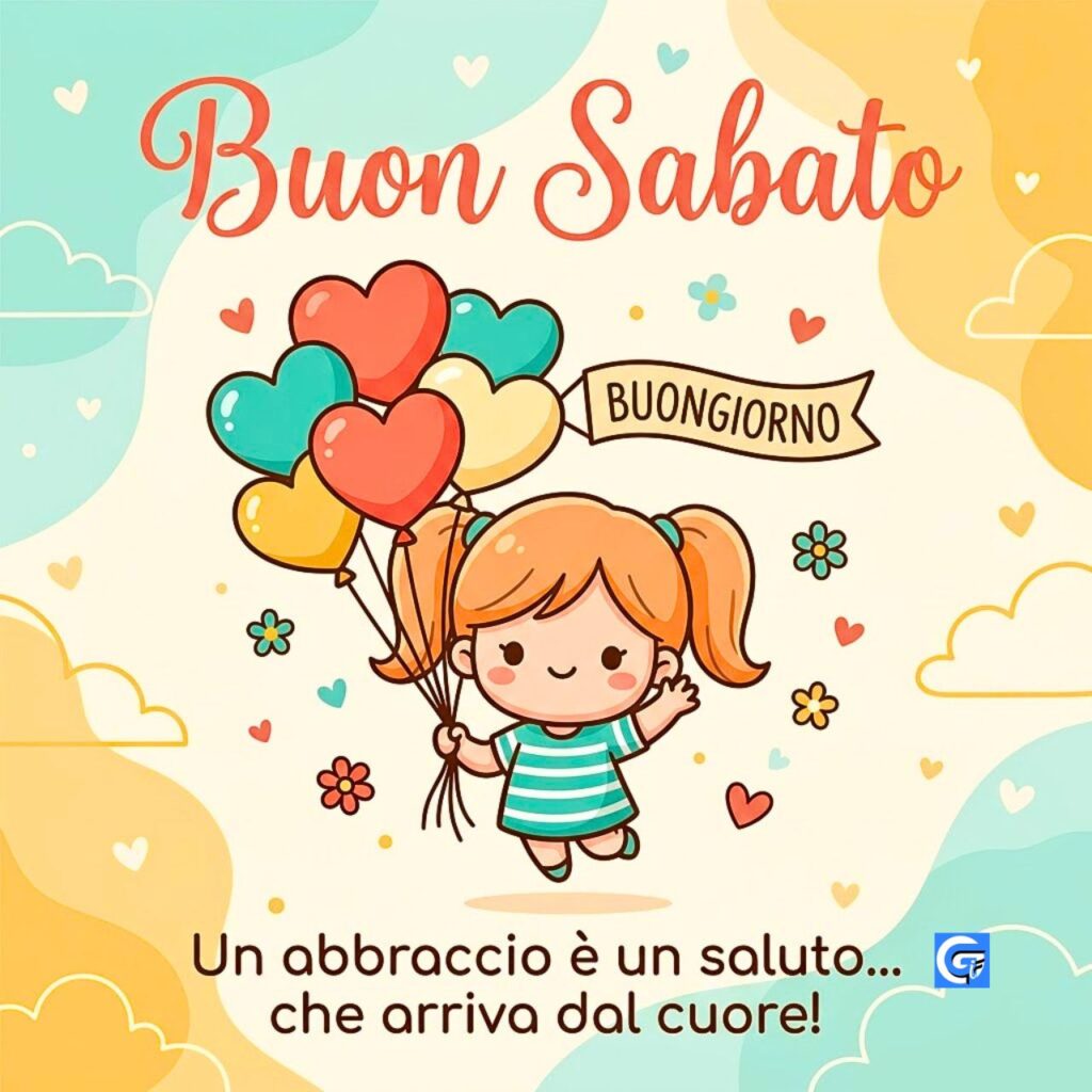 Illustrazione kawaii bambina con pigtails e palloncini cuori, testo Buon Sabato e Un abbraccio è un saluto