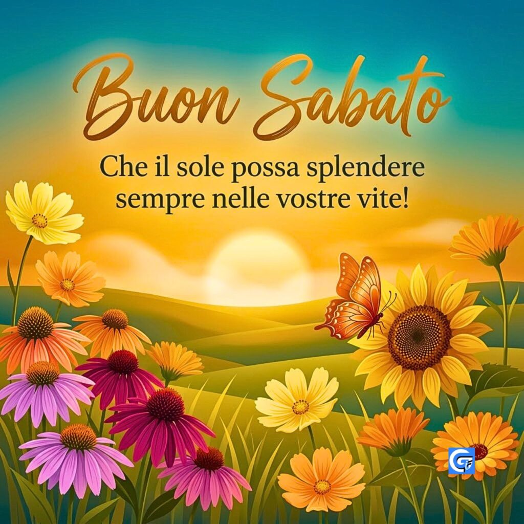 Campo di fiori misti al tramonto con farfalla e testo Buon Sabato Che il sole possa splendere sempre nelle vostre vite.