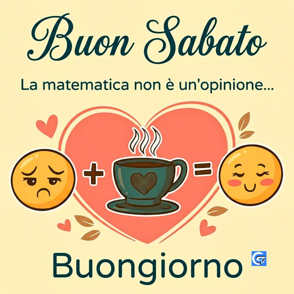 Calligrafia Buon Sabato con equazione emoji caffè e testi la matematica non è un'opinione buongiorno.