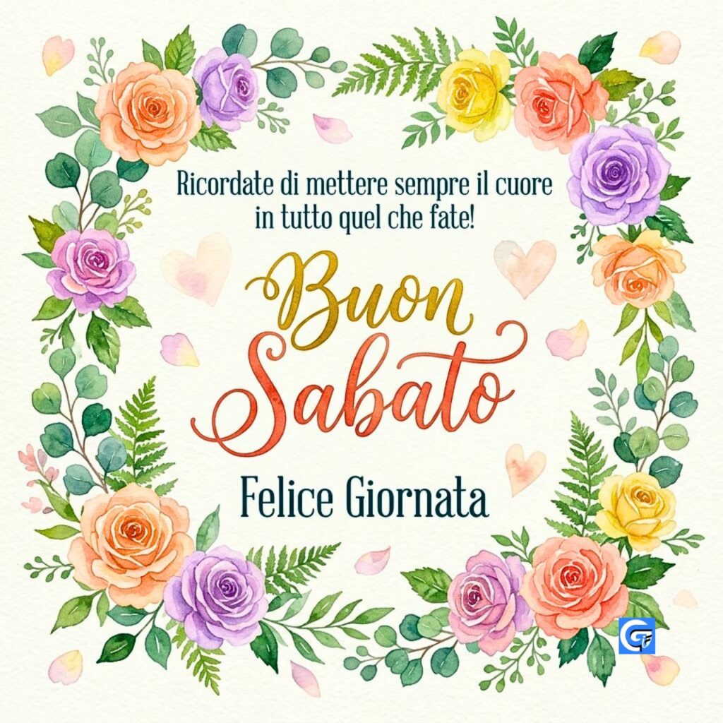 Ghirlanda floreale ad acquerello, testo Buon Sabato e Ricordate di mettere il cuore.