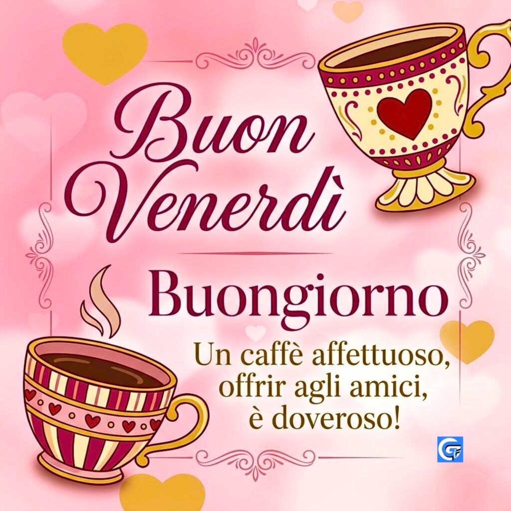 Tazze da caffè decorate con cuori e testo Buon Venerdì Buongiorno.