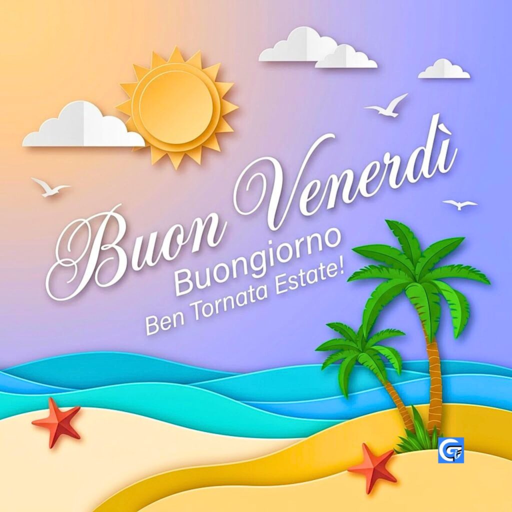 Una scena di spiaggia in stile paper-cut con palme, stelle marine e testo Buon Venerdì.