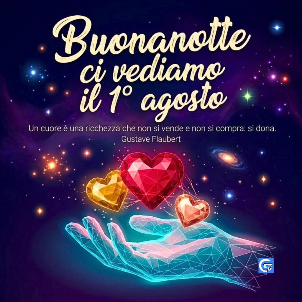 Mano geometrica con cuori e testo Buonanotte ci vediamo il 1&deg; agosto e citazione Flaubert.
