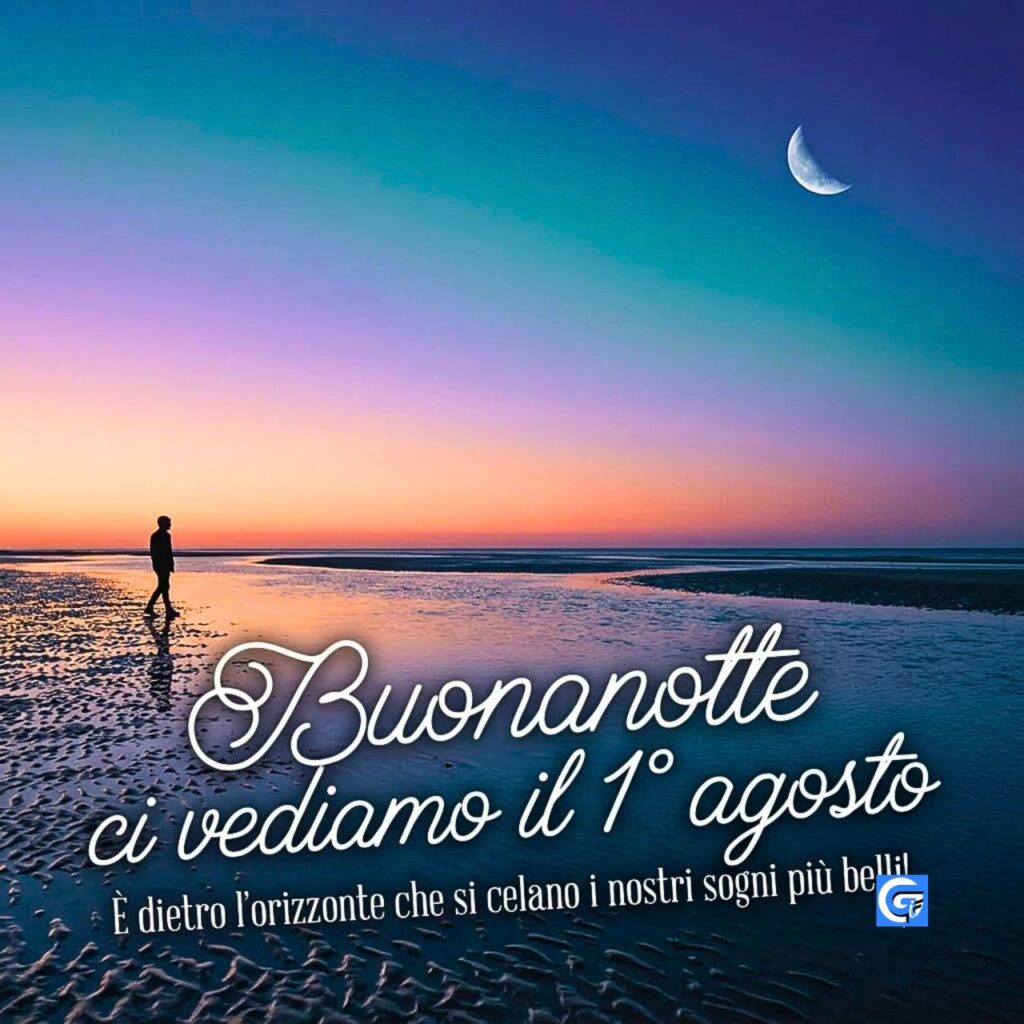Silhouette sulla spiaggia al tramonto, luna crescente, testo: "Buonanotte ci vediamo il 1&deg; agosto".