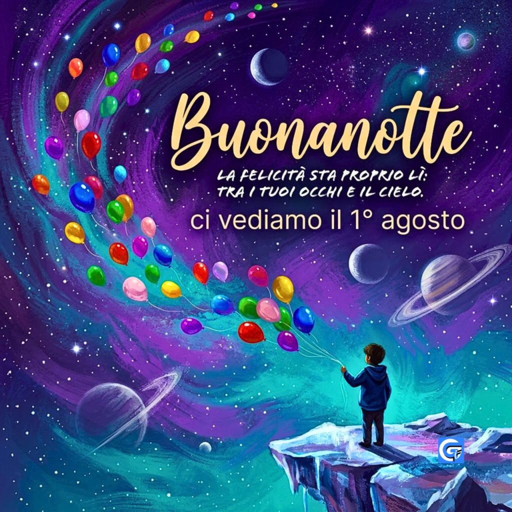 Un bambino su un pianeta ghiacciato con palloncini colorati nello spazio e la scritta Buonanotte