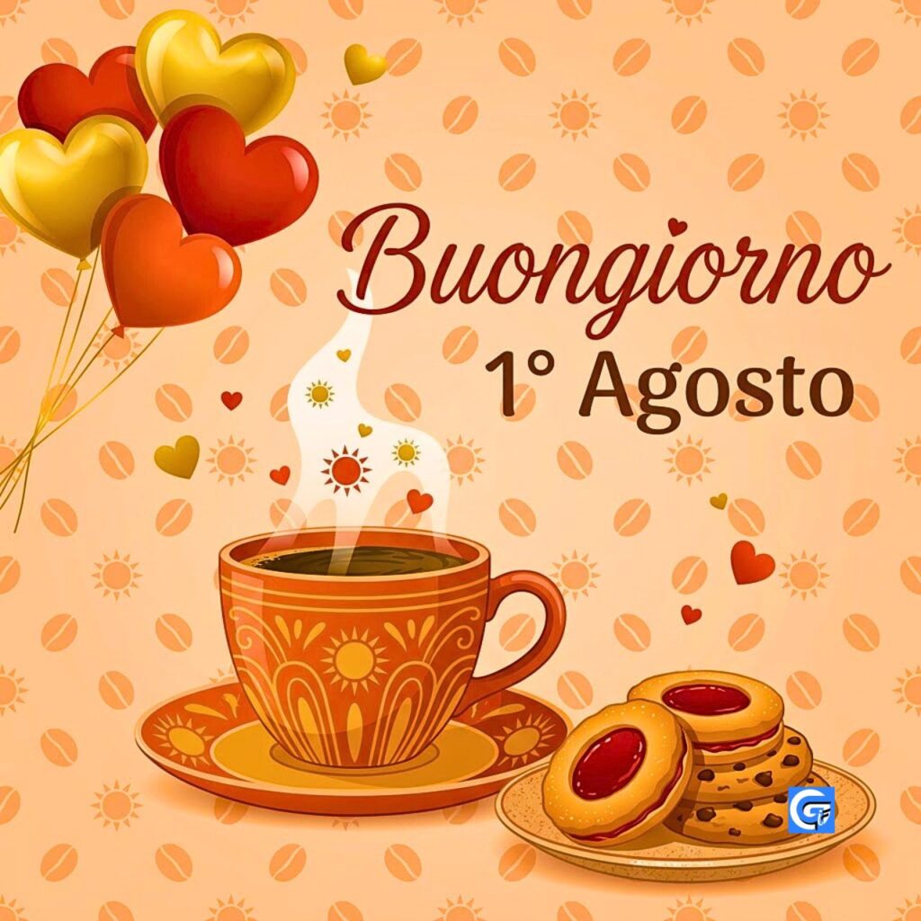 Tazza di caff&egrave; fumante con cuori e sole, biscotti, palloncini a cuore e scritta Buongiorno 1&deg; Agosto.