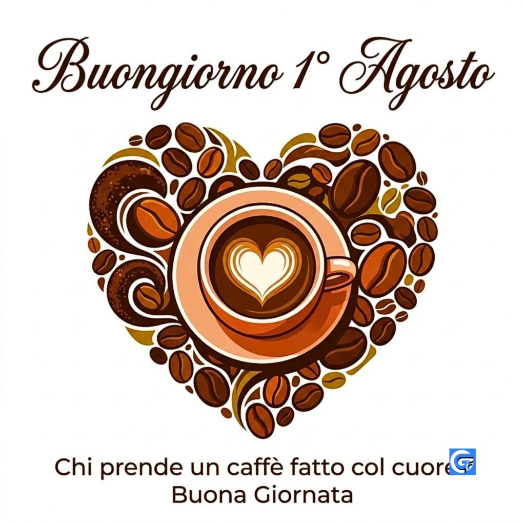 Cuore di chicchi di caff&egrave; e tazza con latte art per Buongiorno 1&deg; Agosto.