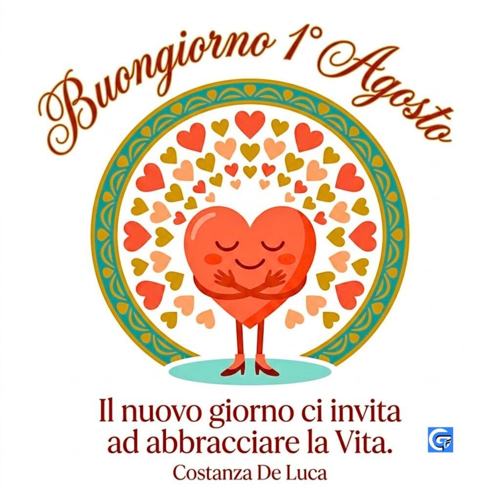 Cuore sorridente abbracciato con testo Buongiorno 1&deg; Agosto e citazione Il nuovo giorno ci invita ad abbracciare la Vita.