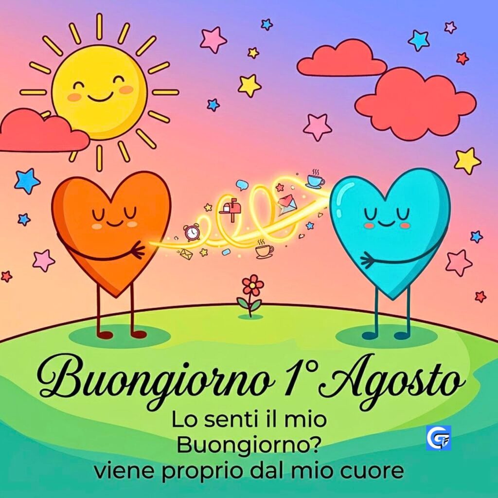 Due cuori a cartone animato con telefono a filo e testo "Buongiorno 1&deg; Agosto".