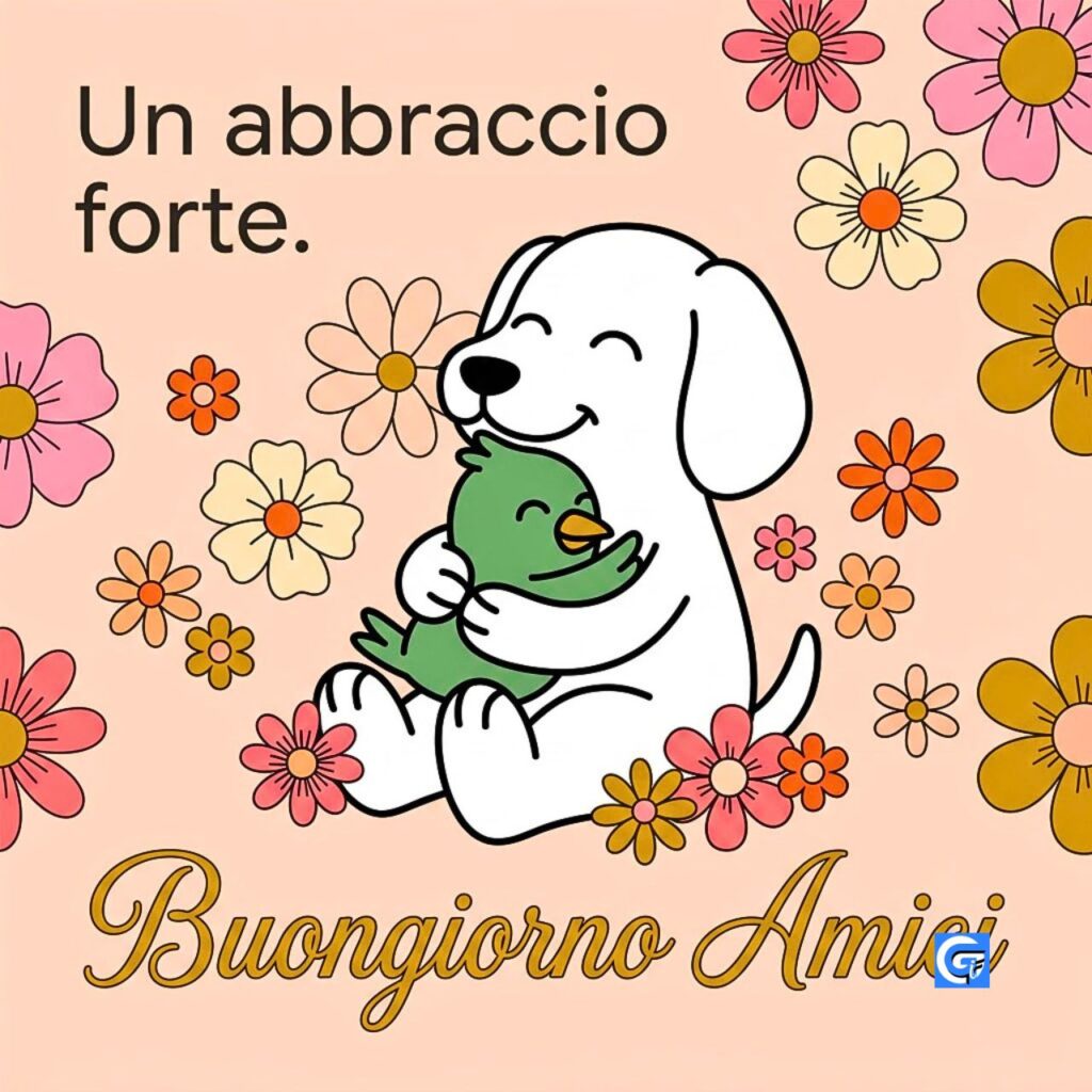 Illustrazione vettoriale piatta di un cane e un uccello che si abbracciano tra fiori retr&ograve;, con testo Un abbraccio forte e Buongiorno Amici.