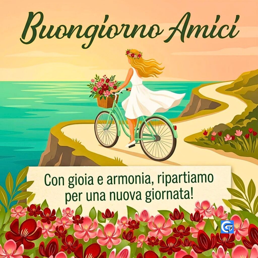 Una donna in bicicletta su una scogliera costiera con fiori e il testo Buongiorno Amici.