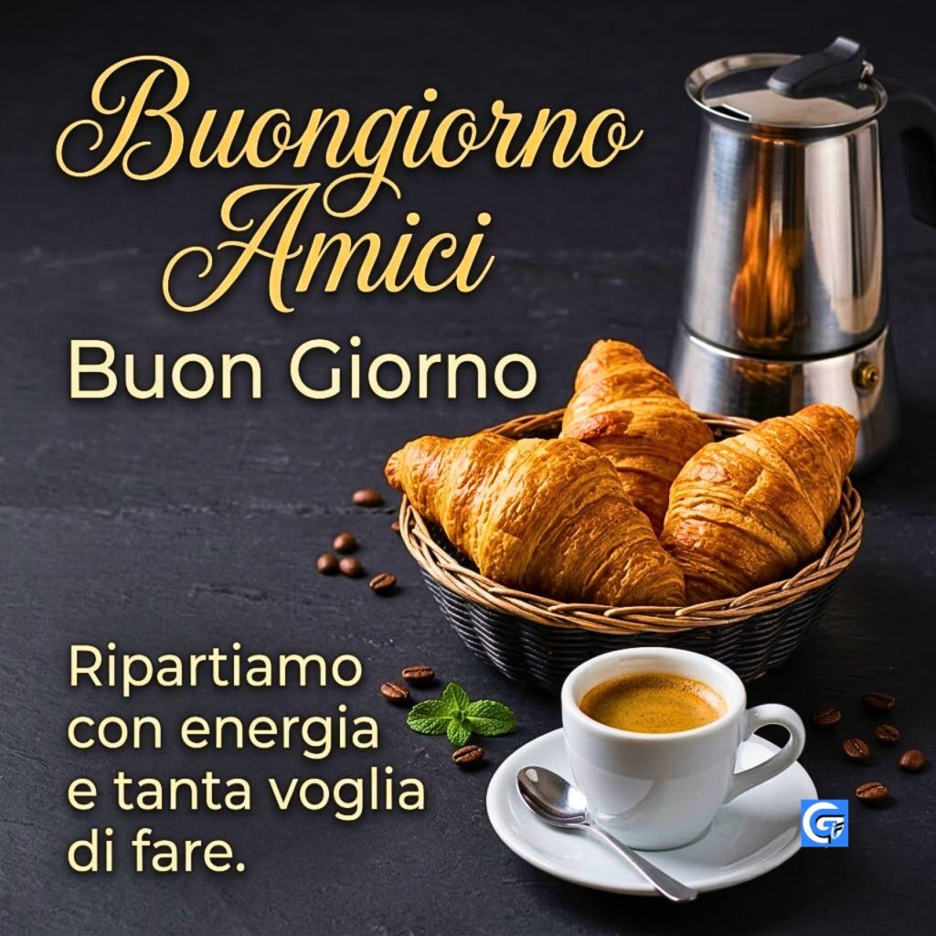 Primo piano di colazione italiana con moka e cornetti su ardesia con testo Buongiorno Amici.