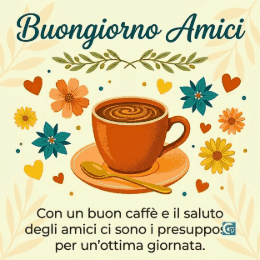 Tazza di caff&egrave; vintage con fiori, cuori e testo Buongiorno Amici e citazione italiana.