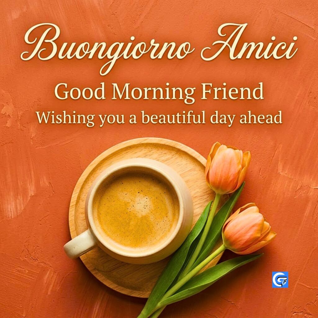 Sfondo terracotta con tazza di caff&egrave;, due tulipani arancioni e testo Buongiorno Amici con auguri.