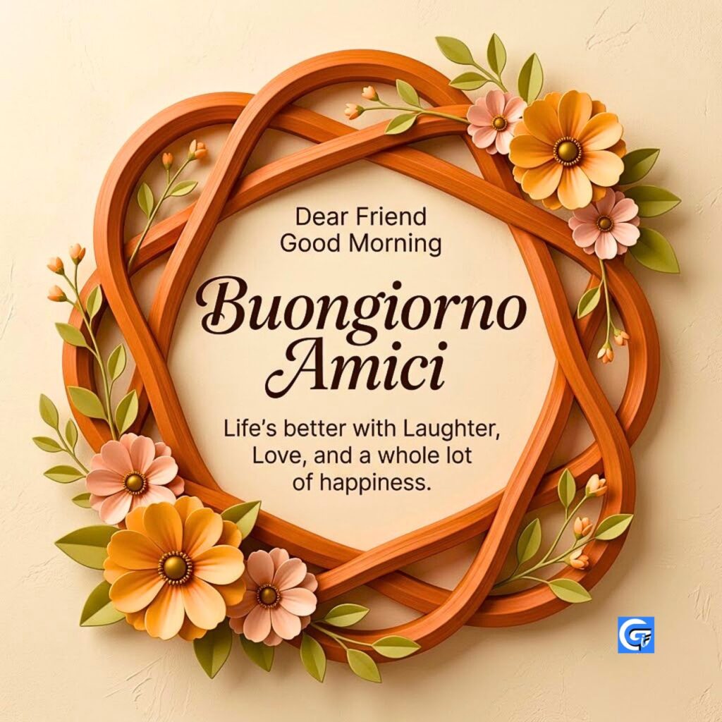 Decorazione floreale con cornice intrecciata e testo Buongiorno Amici e citazione sulla felicit&agrave;