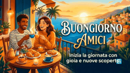 Coppia a colazione vista mare. Scritta Buongiorno Amici e Inizia la giornata con gioia!