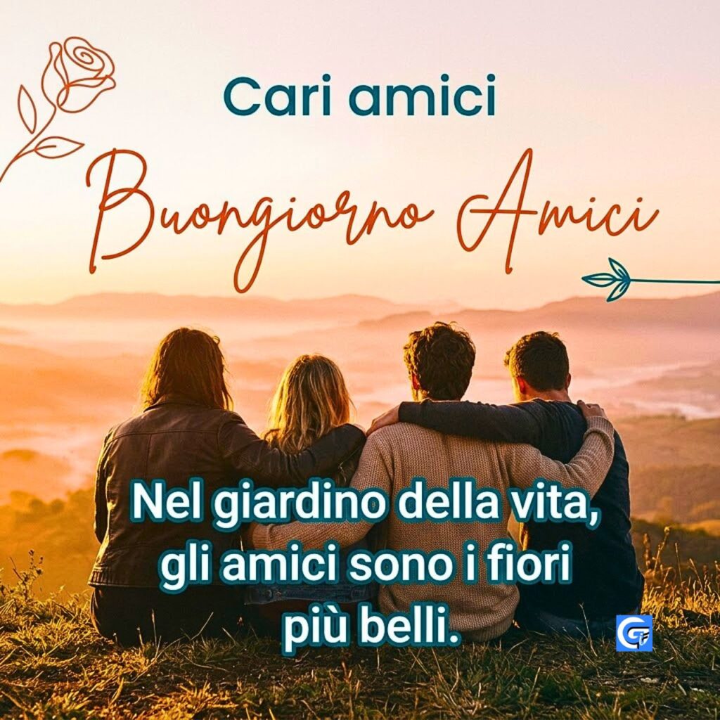 Quattro amici di spalle che guardano l'alba con la scritta Buongiorno Amici