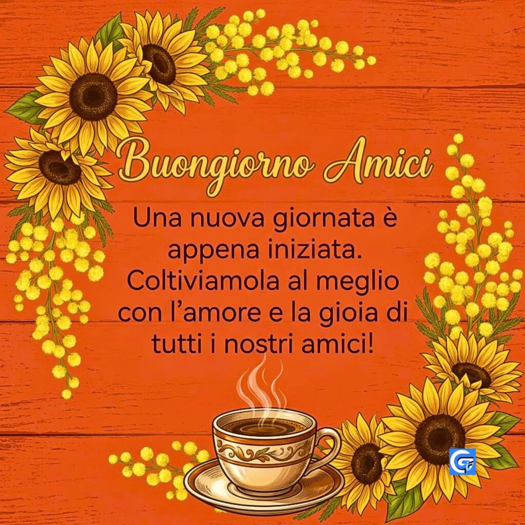 Quadro floreale con girasoli, mimose e caff&egrave; su legno terracotta con testo Buongiorno Amici e citazione motivazionale.