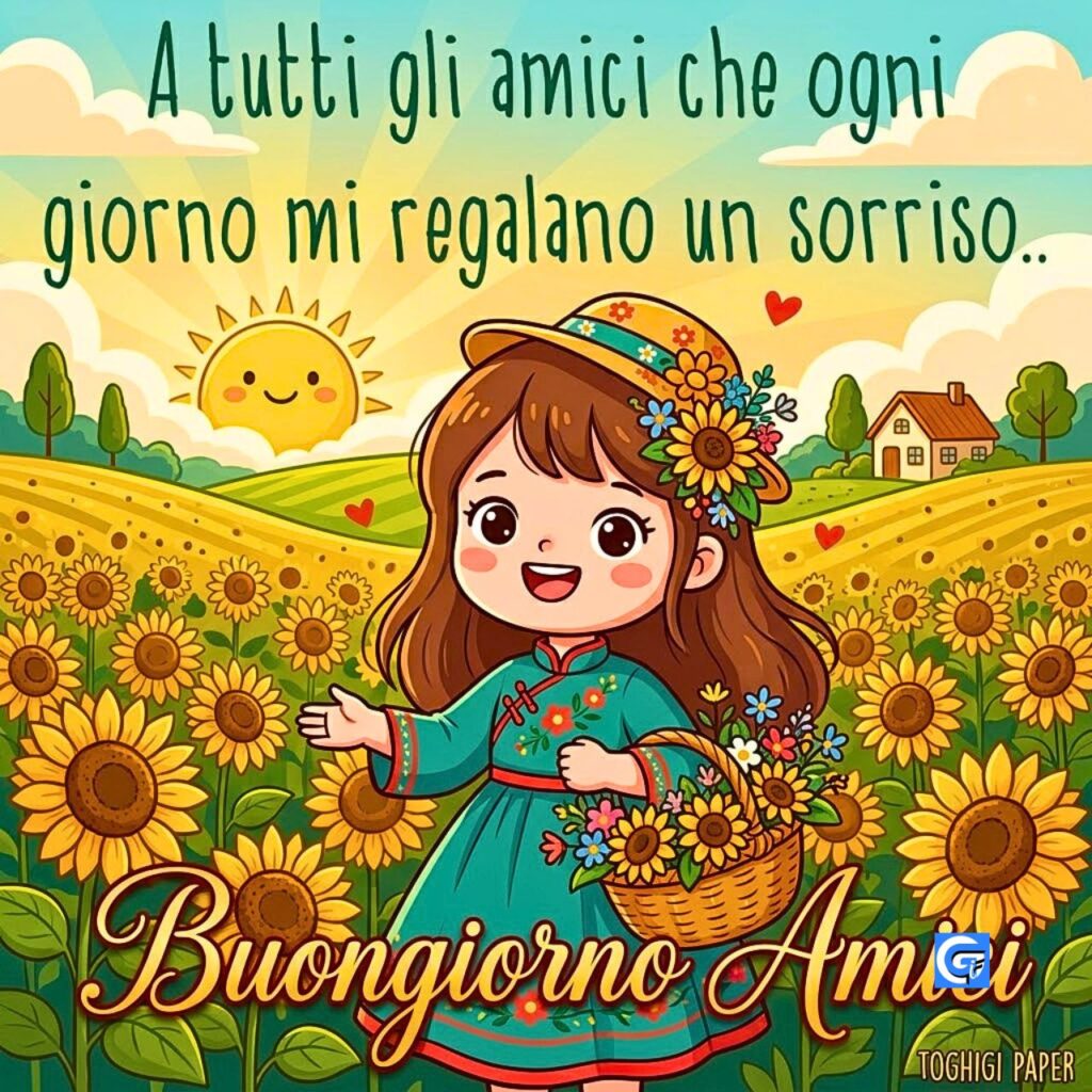 Illustrazione di bambina in campo di girasoli con testi 'A tutti gli amici che ogni giorno mi regalano un sorriso..' e 'Buongiorno Amici'.