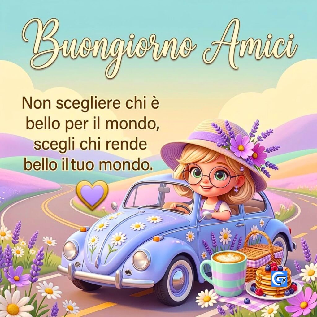 Ragazza in maggiolino lavanda, picnic e testo Buongiorno Amici, Non scegliere chi &egrave; bello...