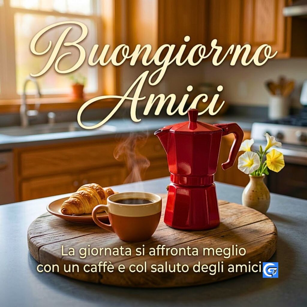 Moka rossa e tazza di caff&egrave; con croissant e testo Buongiorno Amici e citazione.