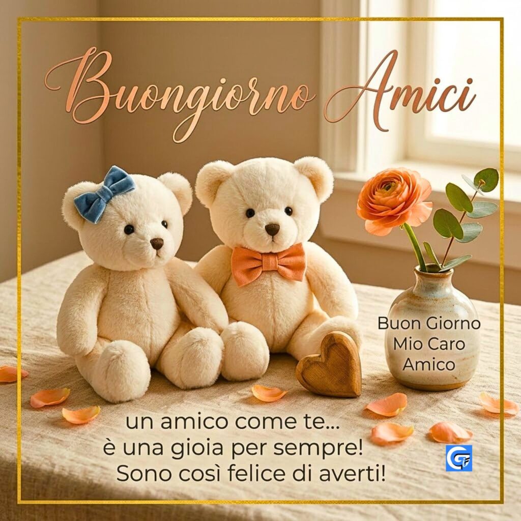 Due orsetti di peluche su lino con ranuncoli e il testo Buongiorno Amici.