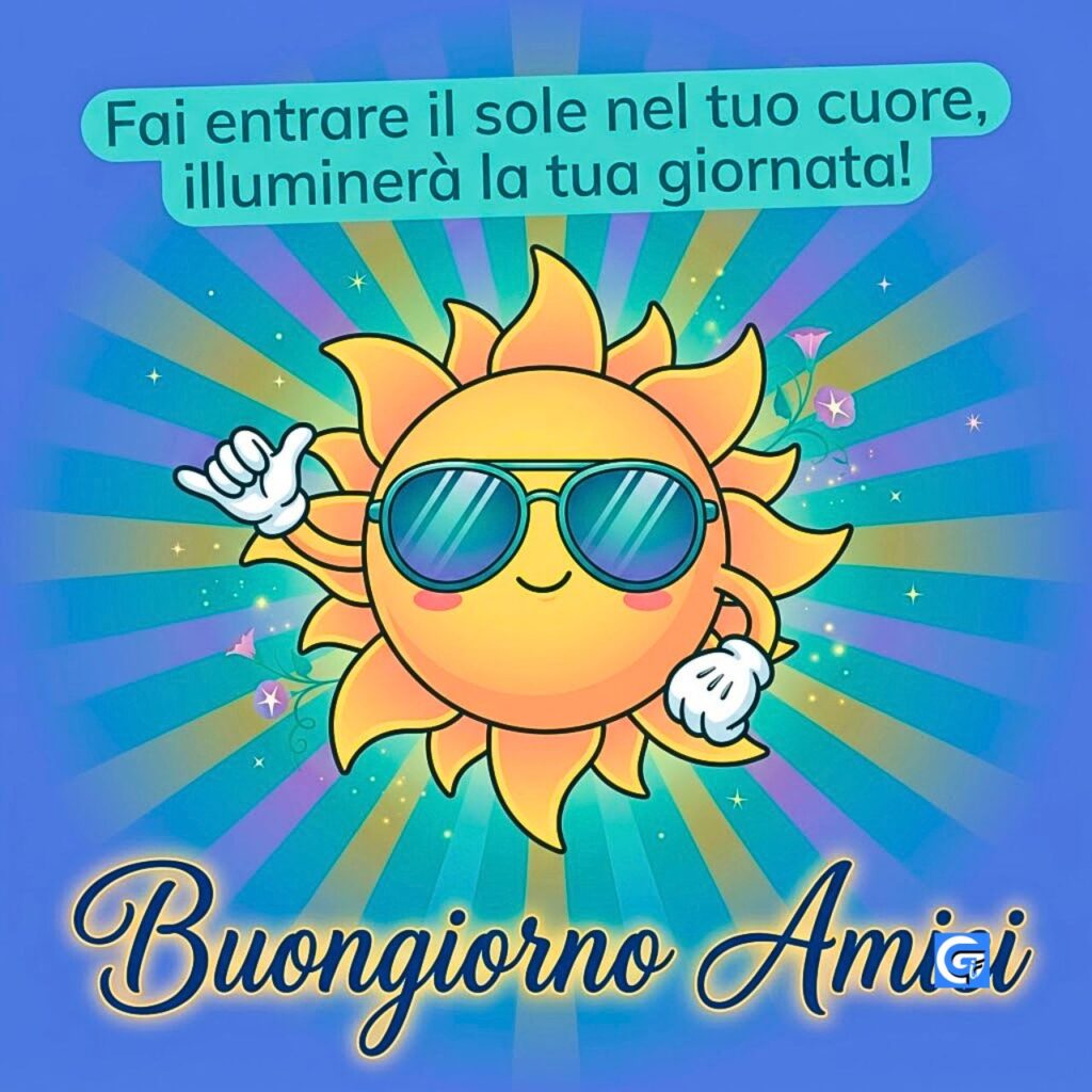 Illustrazione vettoriale di un sole cool con occhiali e shaka signs e testo motivazionale 'Buongiorno Amici' e 'Fai entrare il sole nel tuo cuore'.
