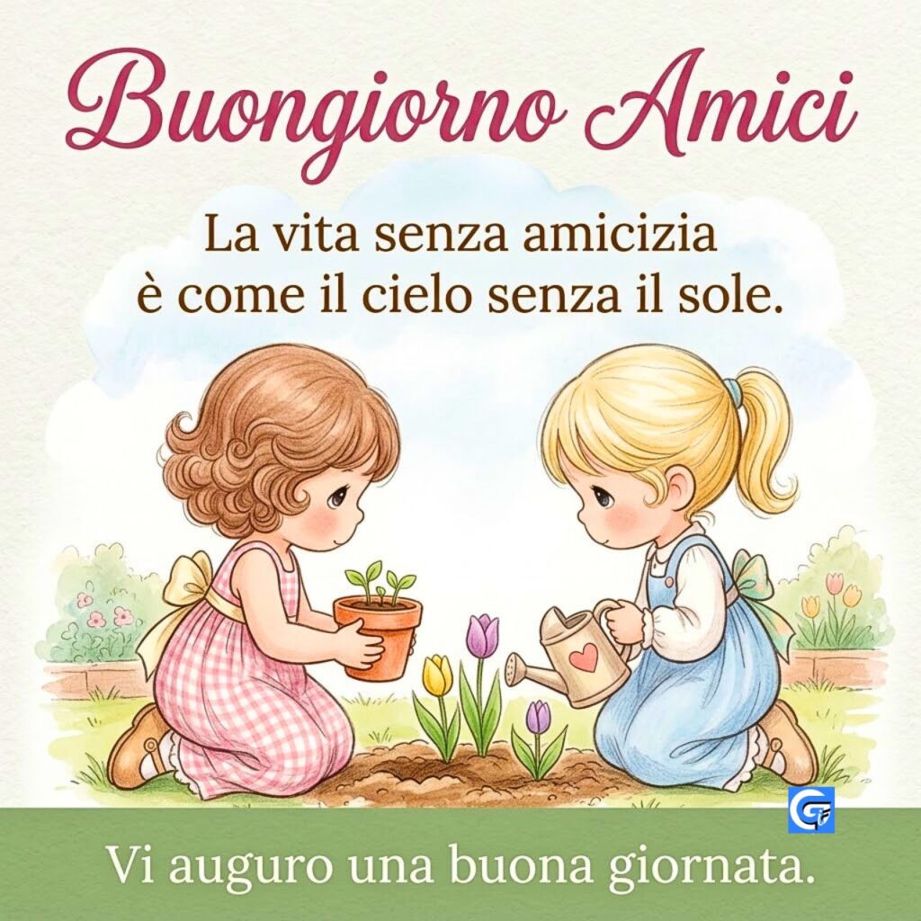 Due bimbe stile Precious Moments giardinano sotto la scritta Buongiorno Amici e la citazione sull'amicizia.