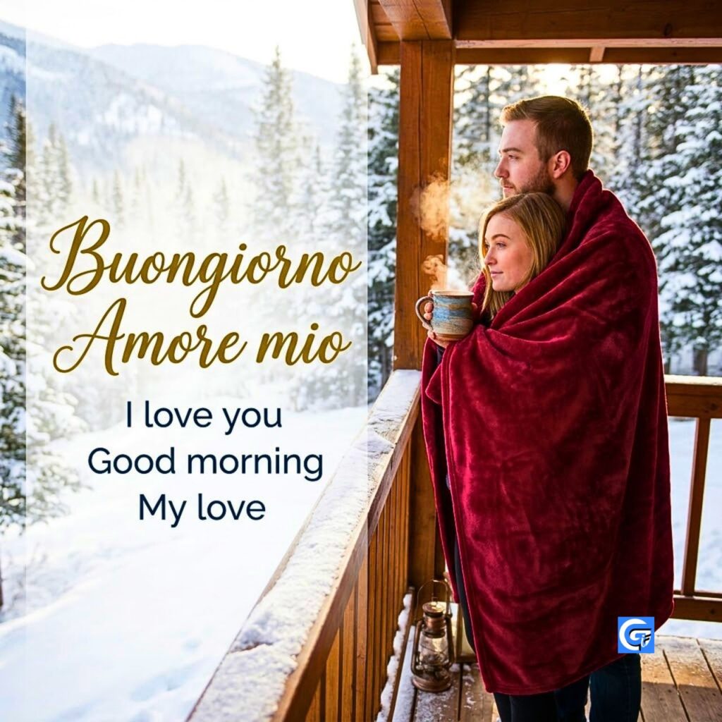 Coppia avvolta in coperta rossa su balcone innevato con testo: Buongiorno Amore mio.